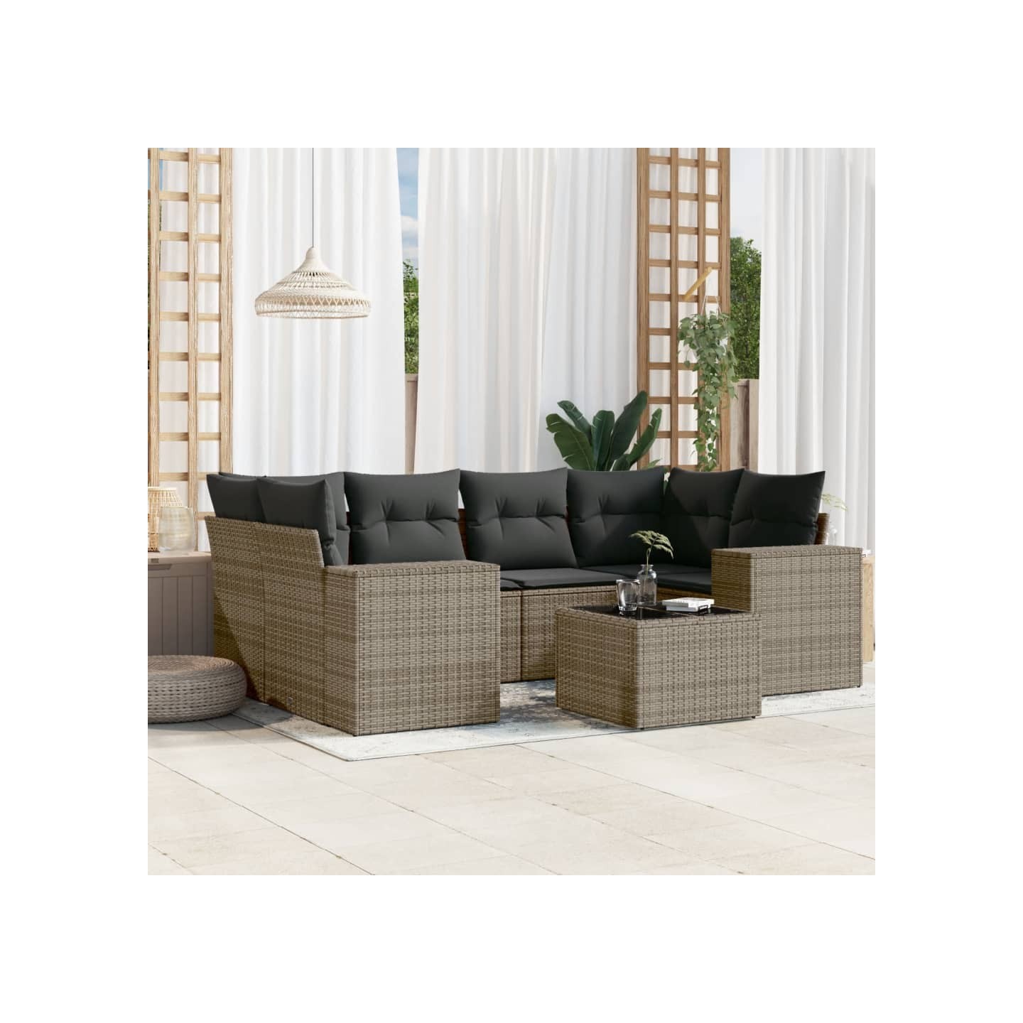 Salon de jardin avec coussins 7 pcs gris résine tressée
