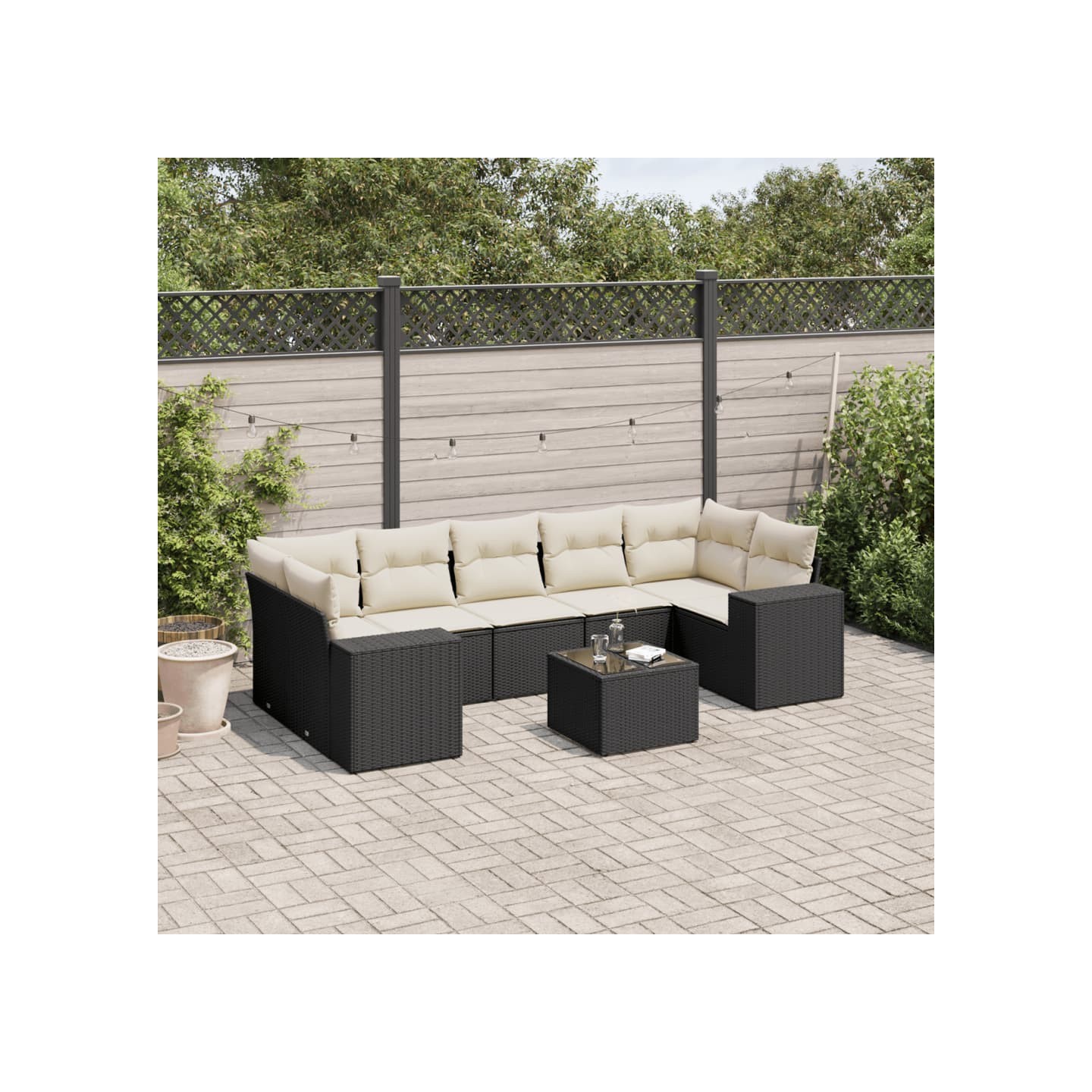 Salon de jardin 8 pcs avec coussins noir résine tressée