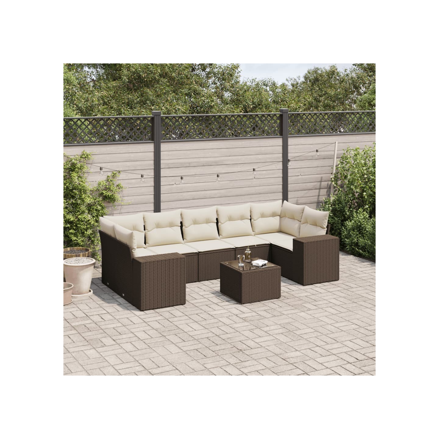 Salon de jardin 8 pcs avec coussins marron résine tressée
