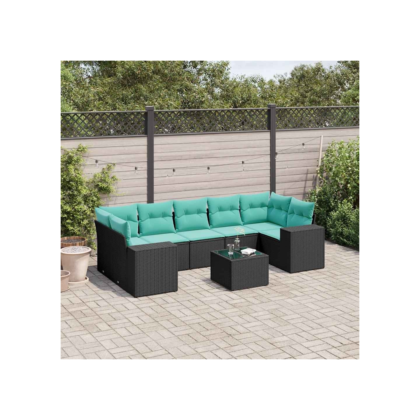 Ensemble de canapé de jardin 8 pcs avec coussins noir résine tressée