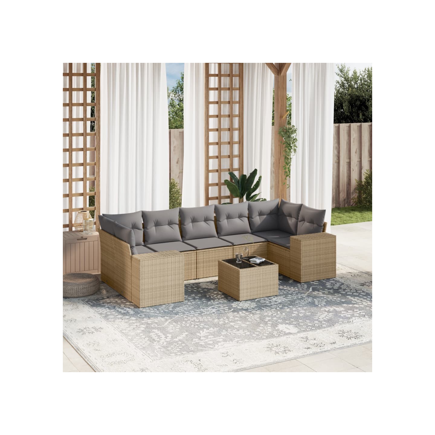 Salon de jardin avec coussins 8 pcs beige résine tressée