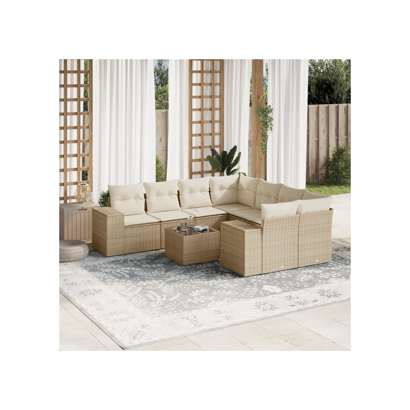 Salon de jardin avec coussins 9 pcs beige résine tressée