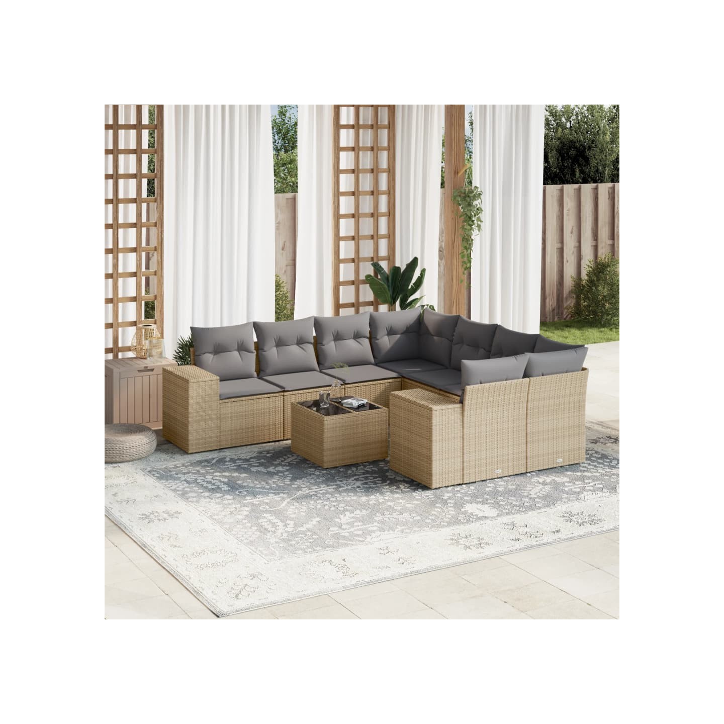 Salon de jardin avec coussins 9 pcs beige résine tressée