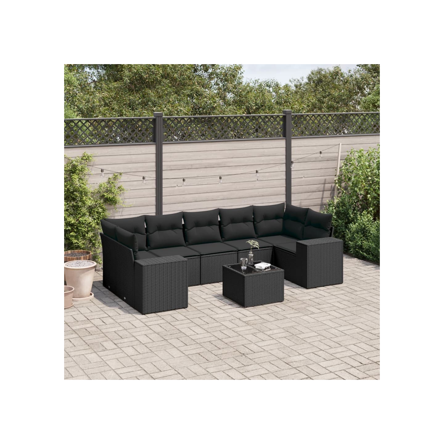 Salon de jardin 8 pcs avec coussins noir résine tressée