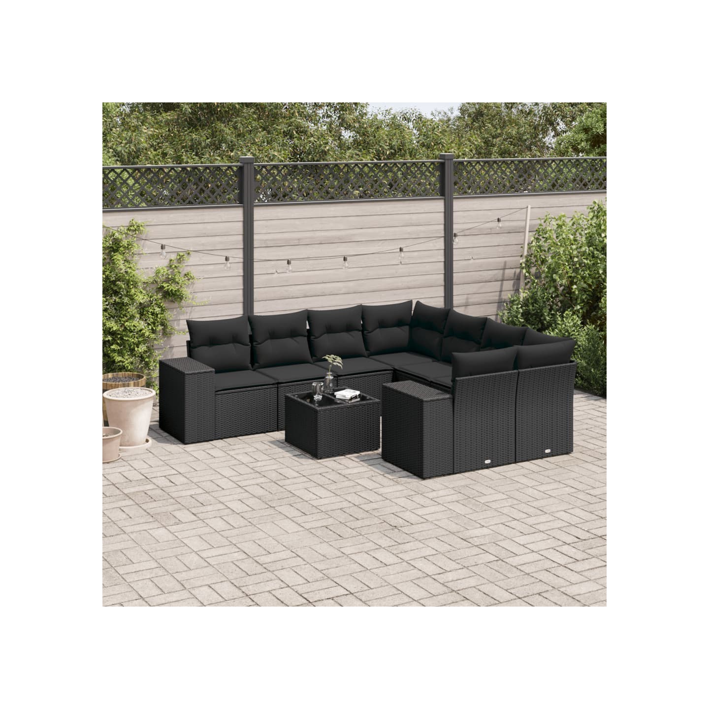 Salon de jardin 9 pcs avec coussins noir résine tressée