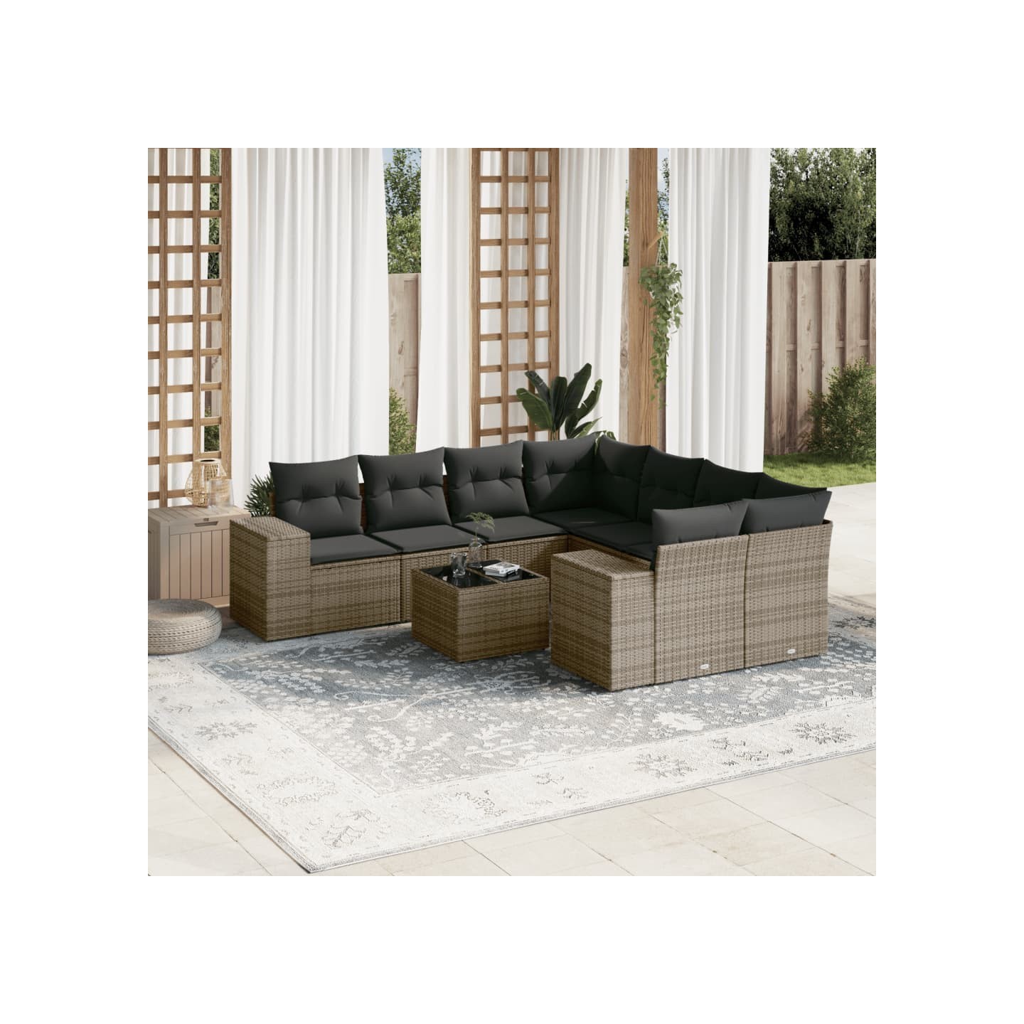 Salon de jardin 9 pcs avec coussins gris résine tressée