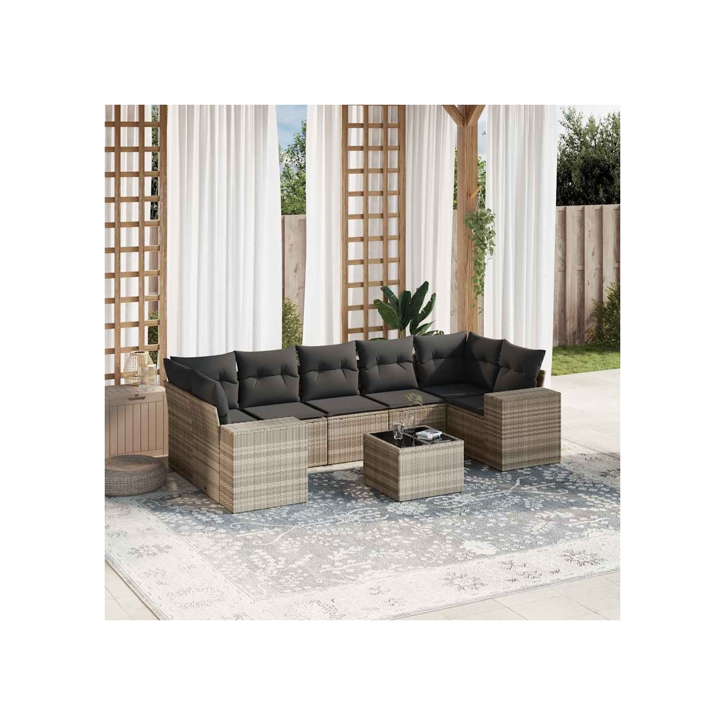 Salon de jardin 8 pcs avec coussins gris clair résine tressée