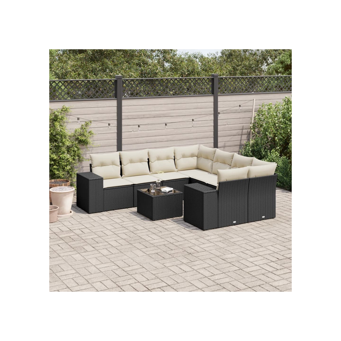 Salon de jardin 9 pcs avec coussins noir résine tressée