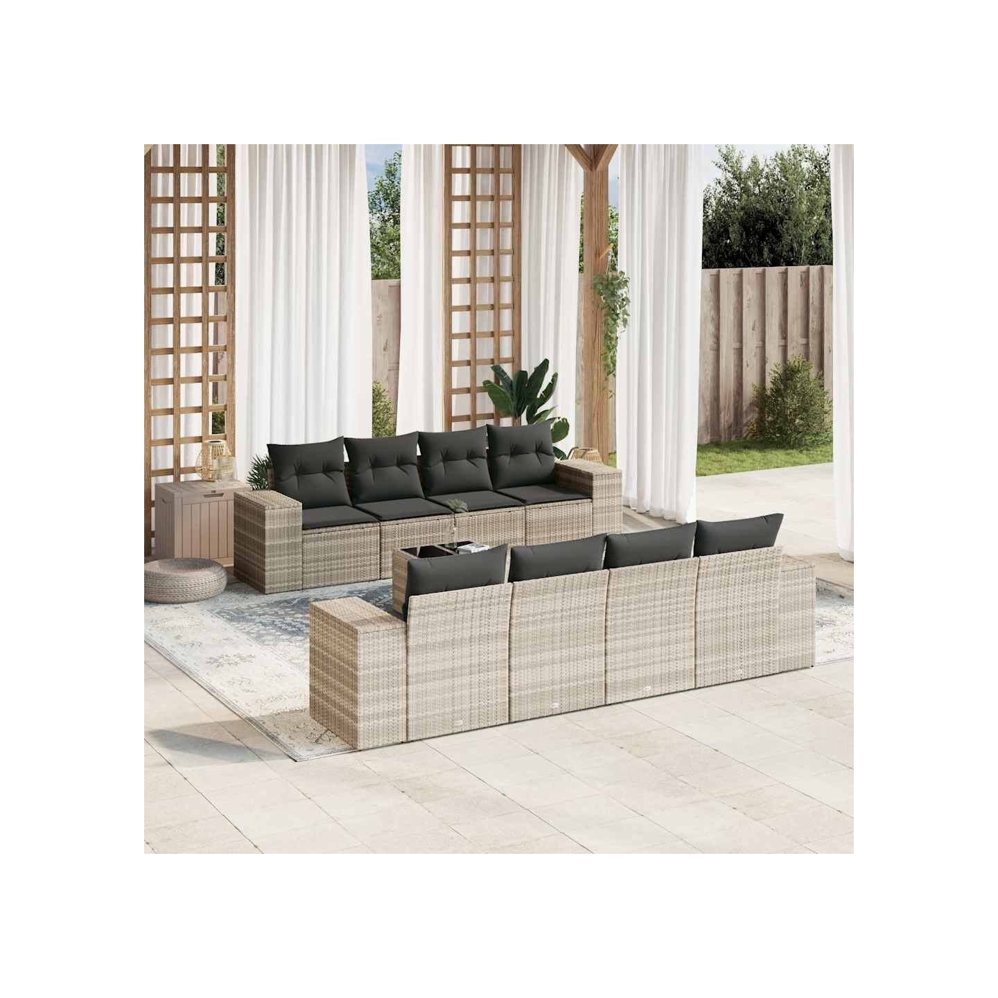 Salon de jardin 9 pcs avec coussins gris clair résine tressée