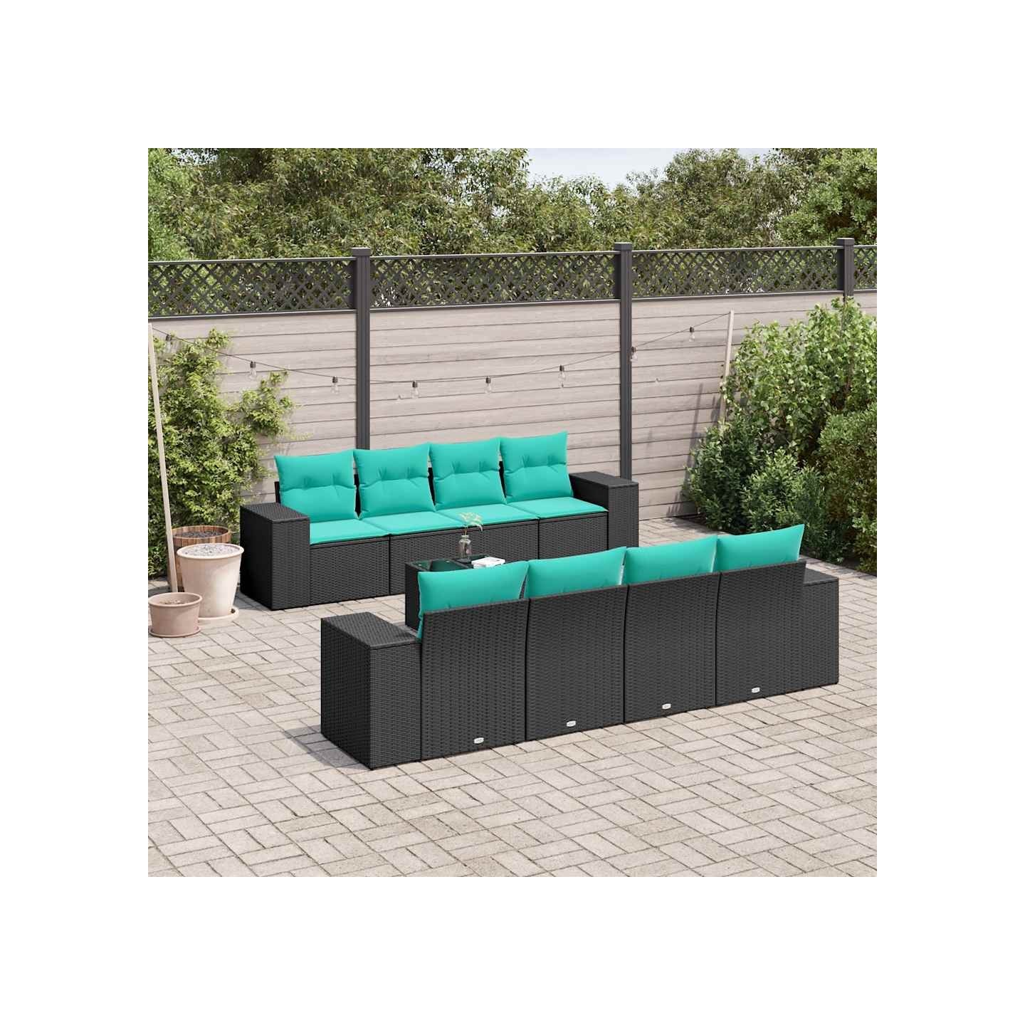 Ensemble de canapé de jardin 9 pcs avec coussins noir résine tressée
