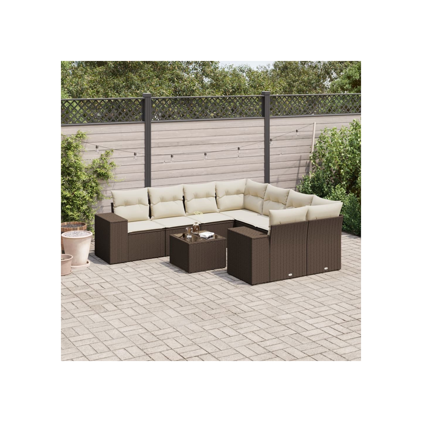 Salon de jardin avec coussins 9 pcs marron résine tressée