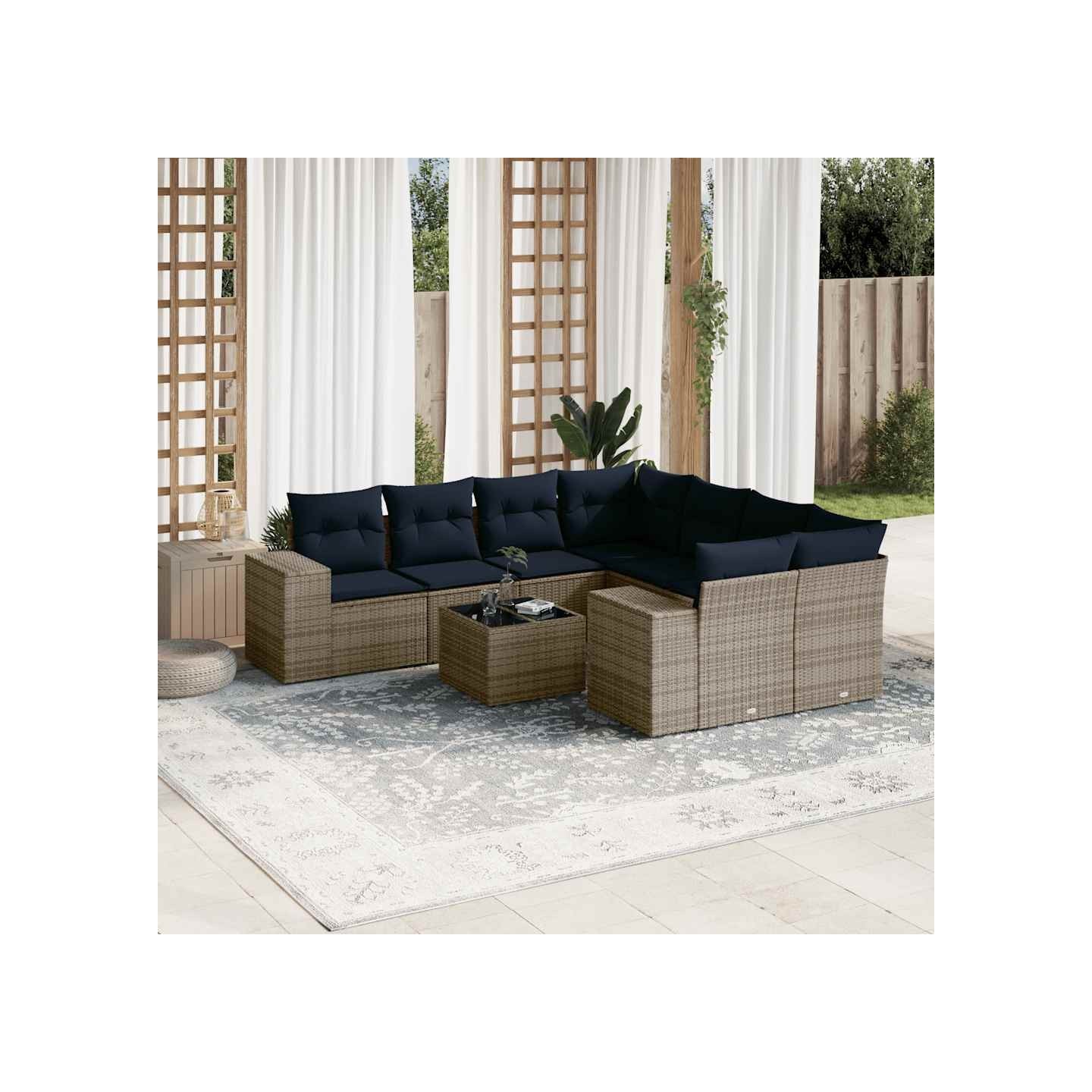 Ensemble de canapé de jardin 9 pcs avec coussins gris résine tressée