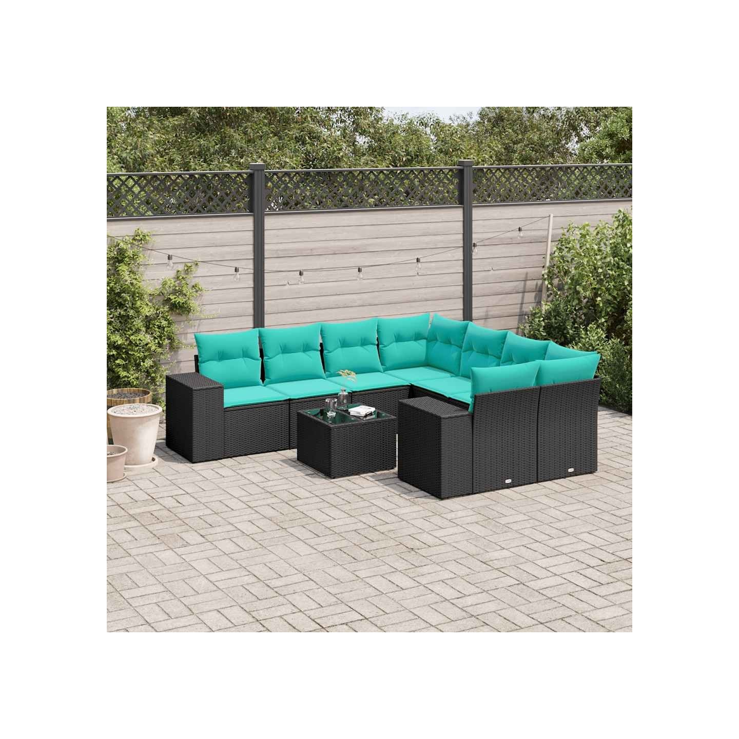 Ensemble de canapé de jardin 9 pcs avec coussins noir résine tressée