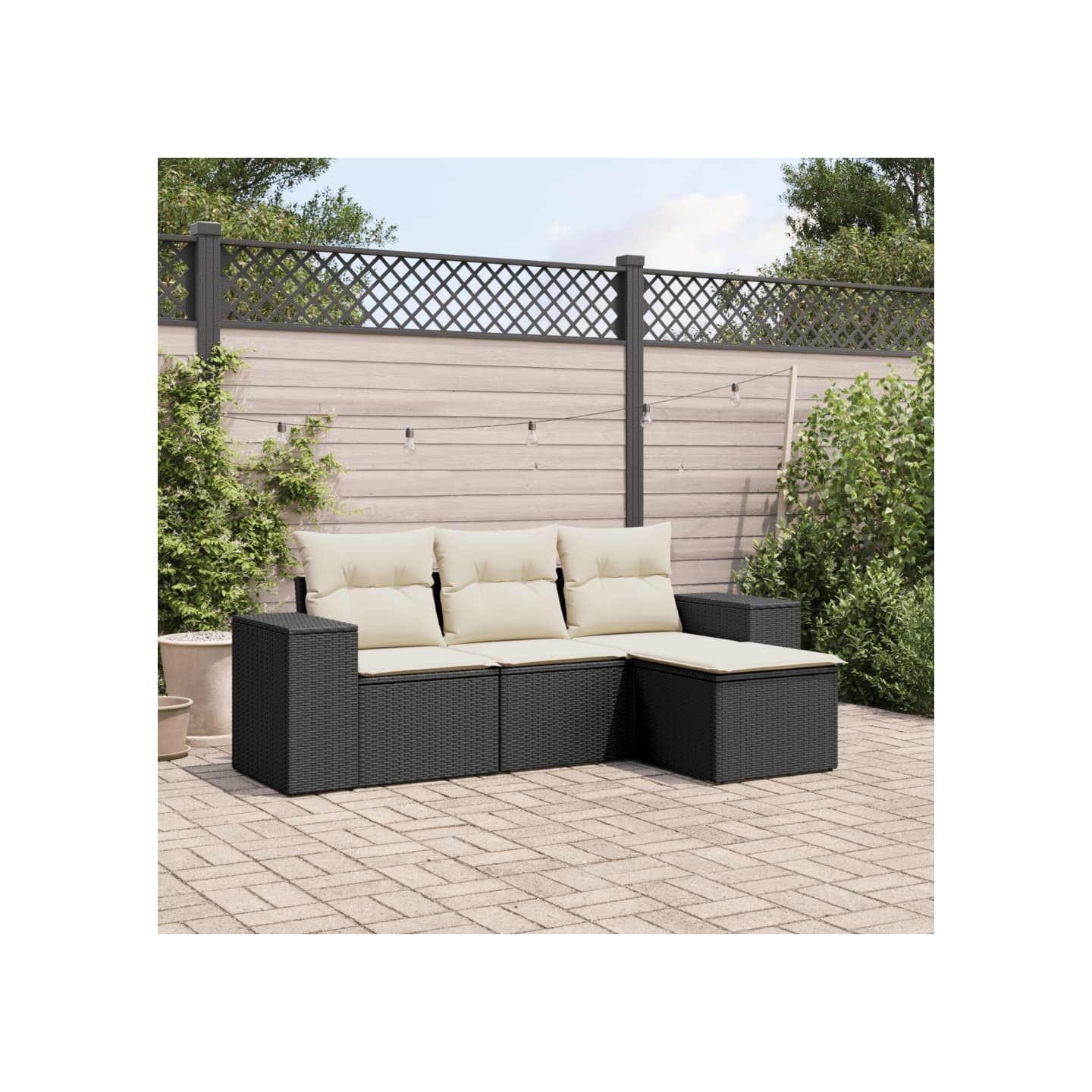 Salon de jardin 4 pcs avec coussins noir résine tressée