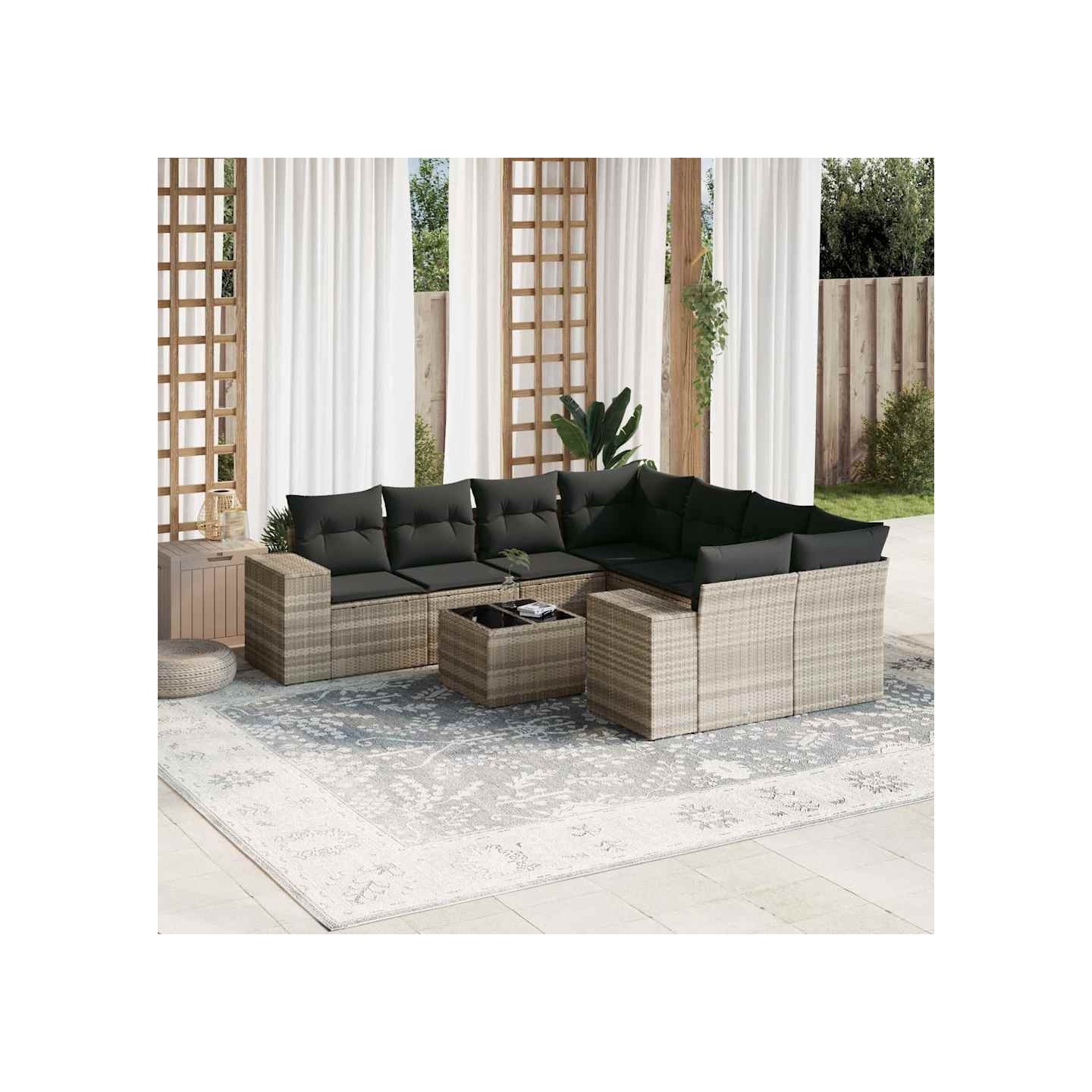Salon de jardin 9 pcs avec coussins gris clair résine tressée