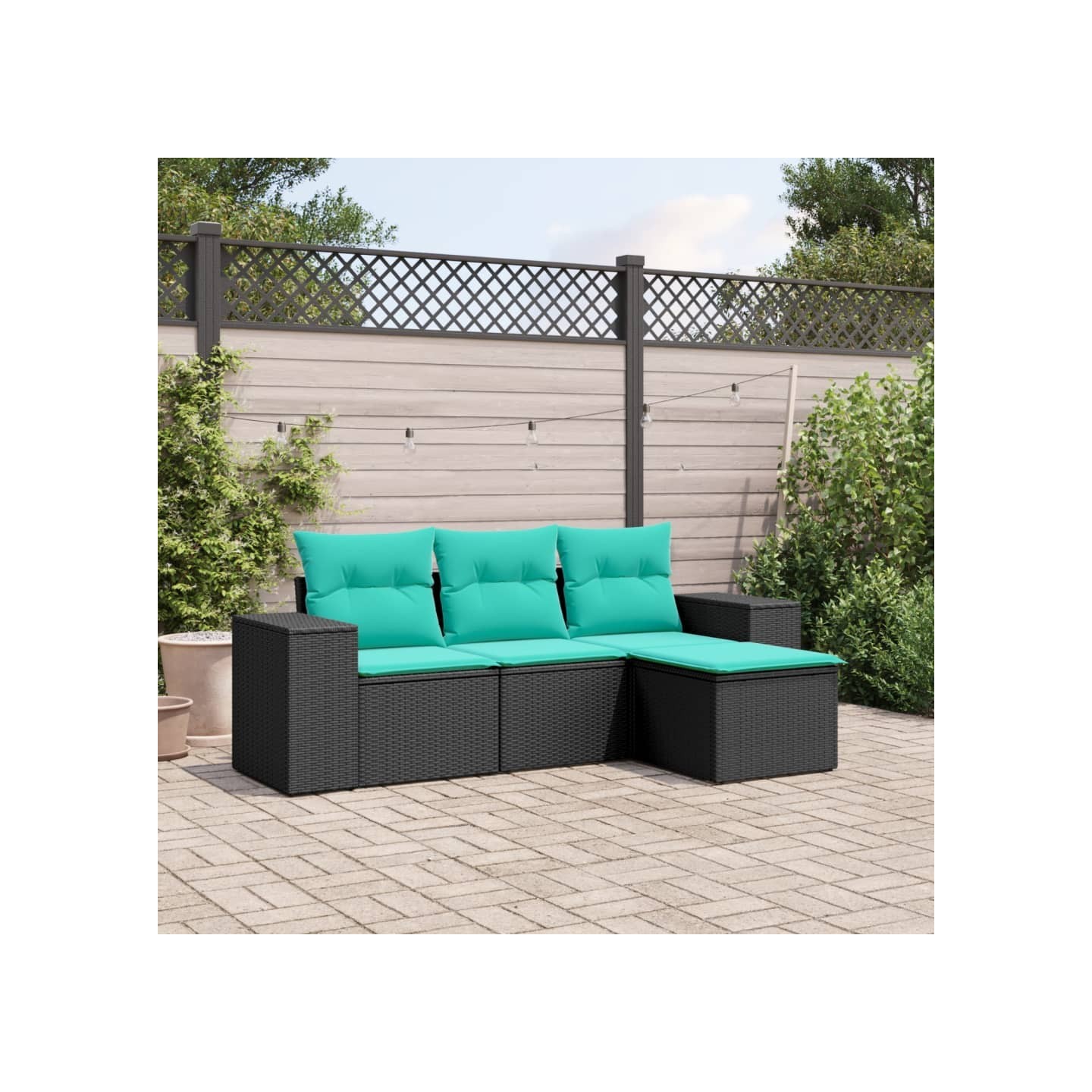 Salon de jardin 4 pcs avec coussins noir résine tressée