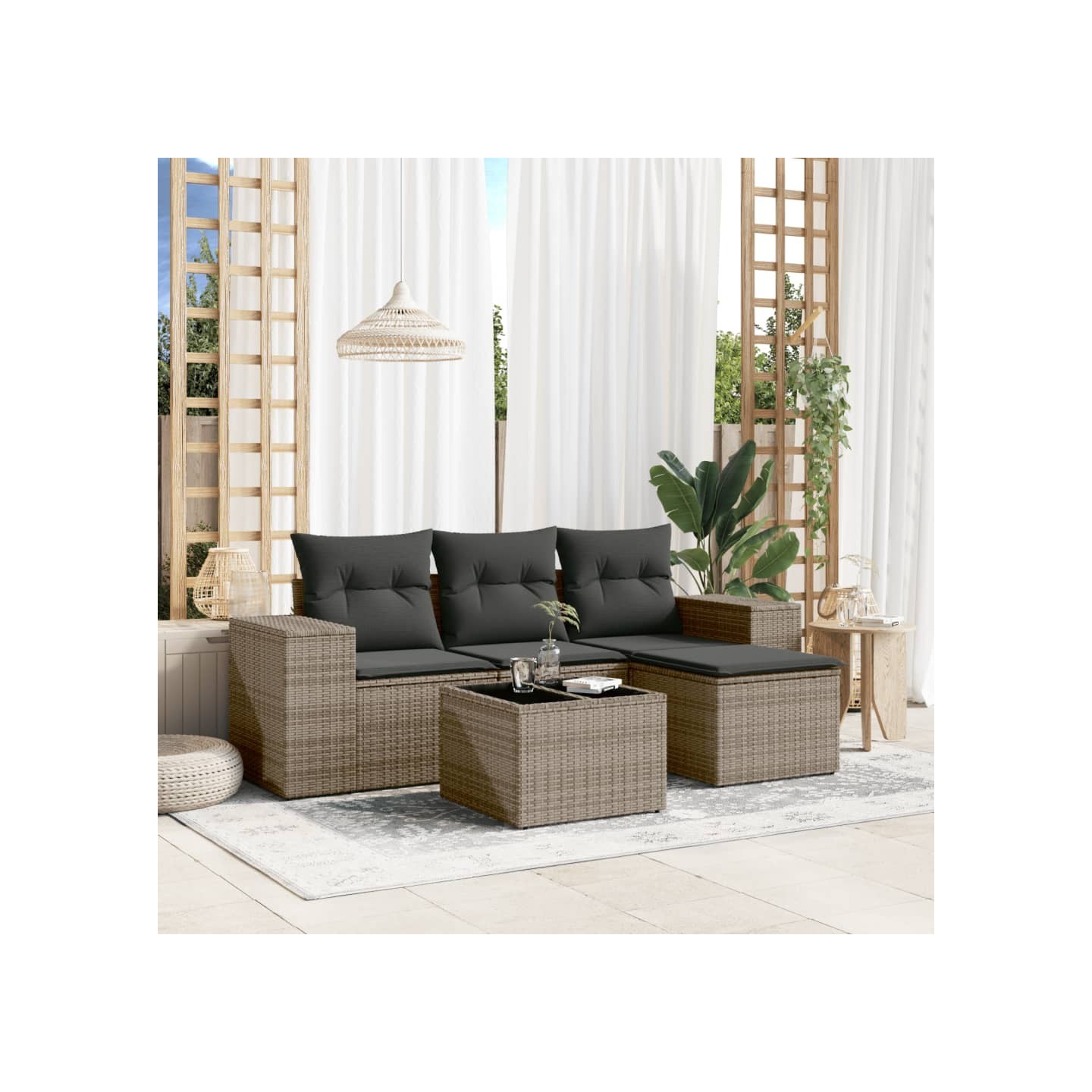 Salon de jardin 5 pcs avec coussins gris résine tressée