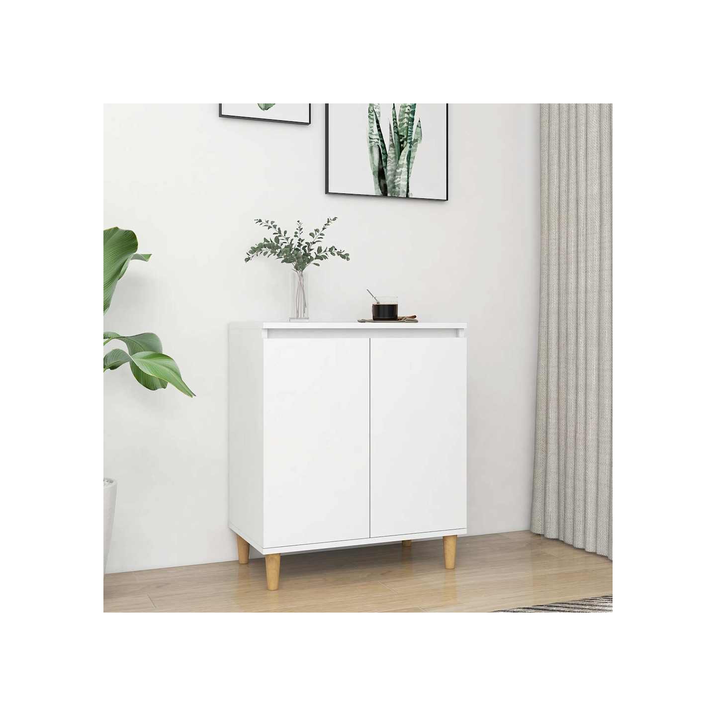 Buffet avec pieds en bois massif blanc bois d'ingénierie
