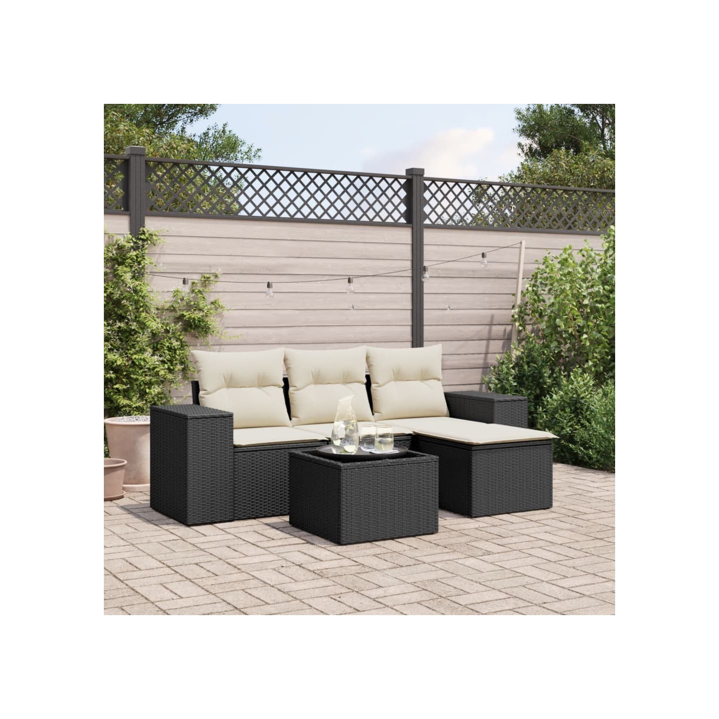 Salon de jardin 5 pcs avec coussins noir résine tressée