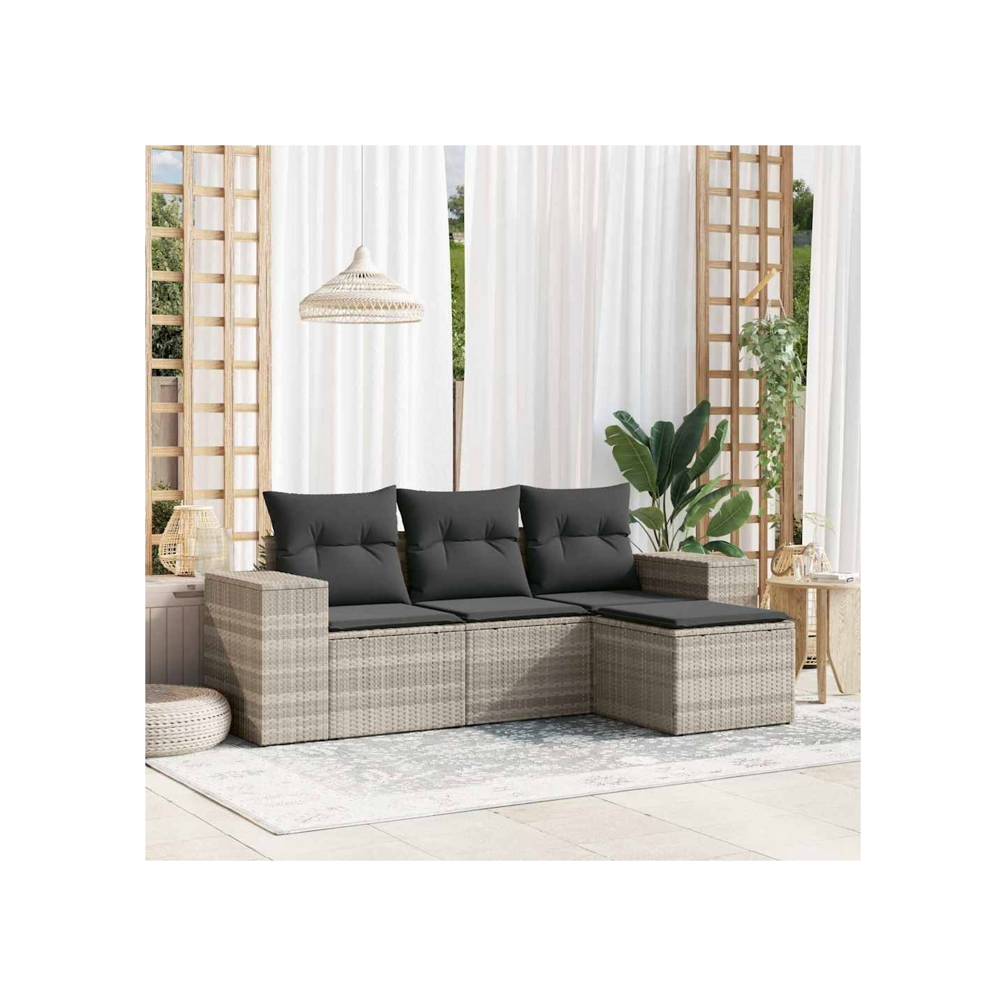 Salon de jardin 4 pcs avec coussins gris clair résine tressée
