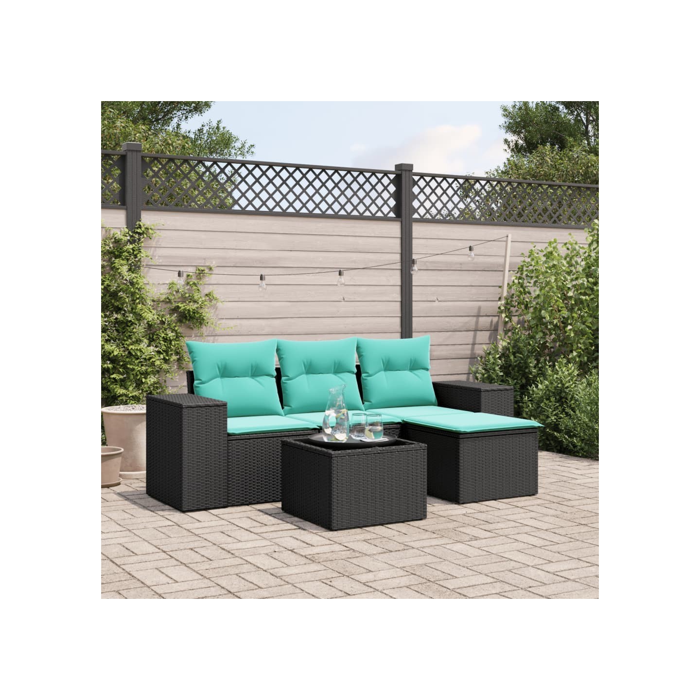 Ensemble de canapé de jardin 5 pcs avec coussins noir résine tressée