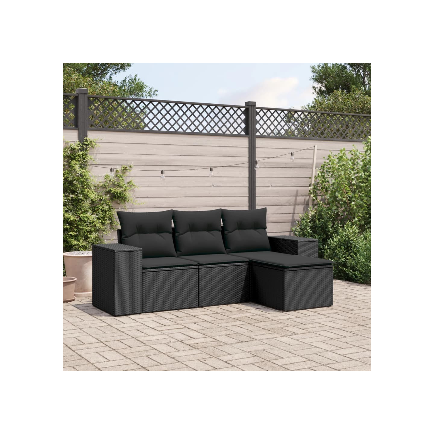 Salon de jardin 4 pcs avec coussins noir résine tressée