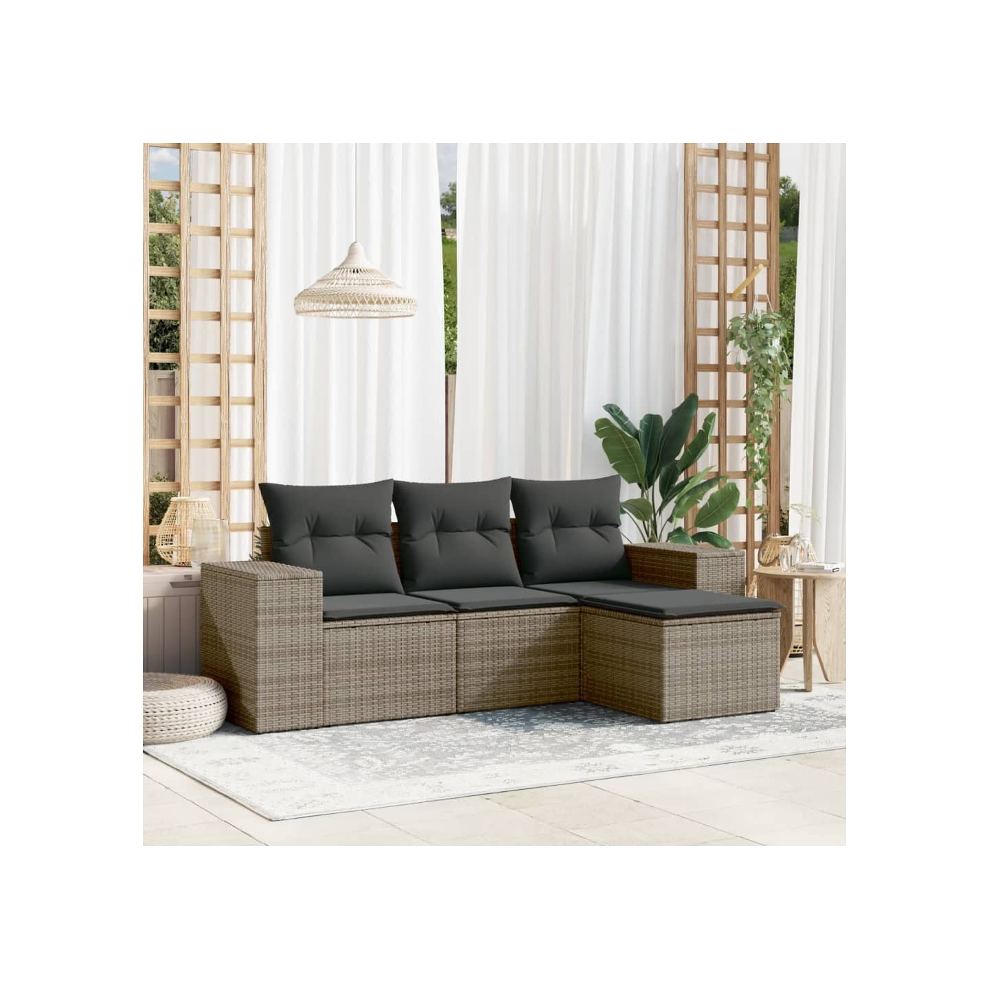 Salon de jardin 4 pcs avec coussins gris résine tressée