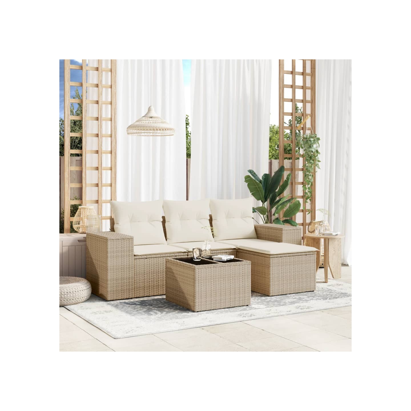 Salon de jardin avec coussins 5 pcs beige résine tressée