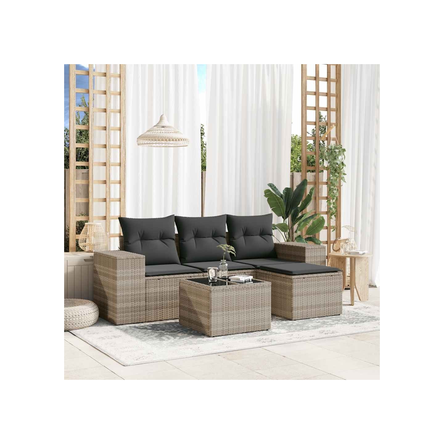 Salon de jardin 5 pcs avec coussins gris clair résine tressée