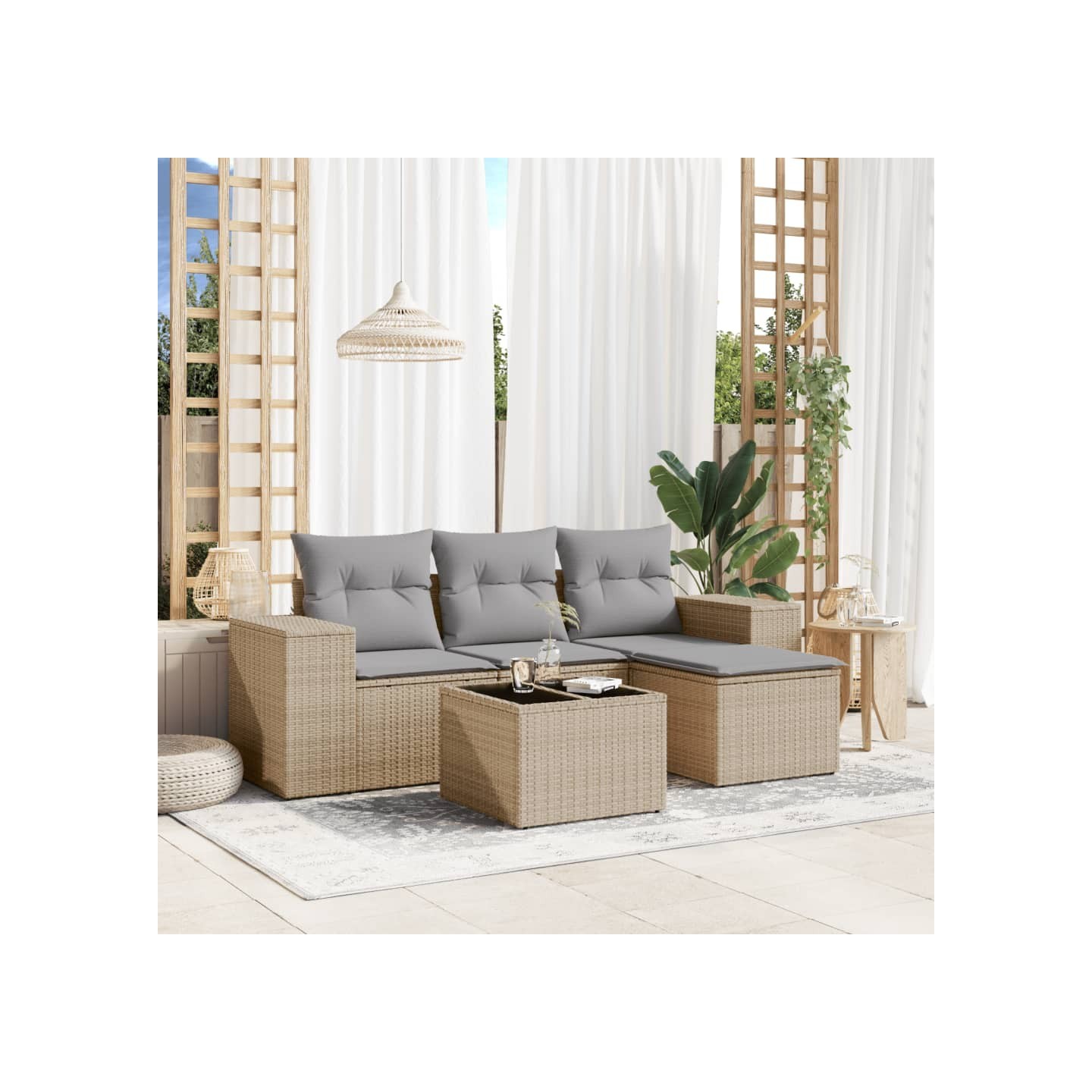 Salon de jardin avec coussins 5 pcs beige résine tressée