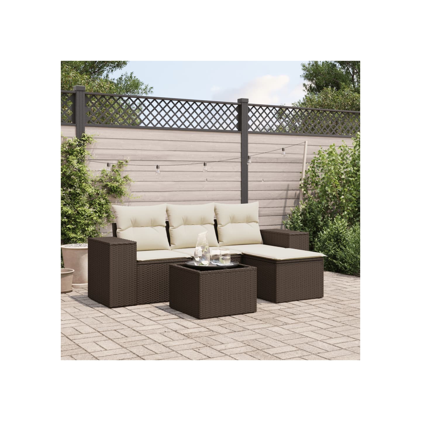 Salon de jardin avec coussins 5 pcs marron résine tressée