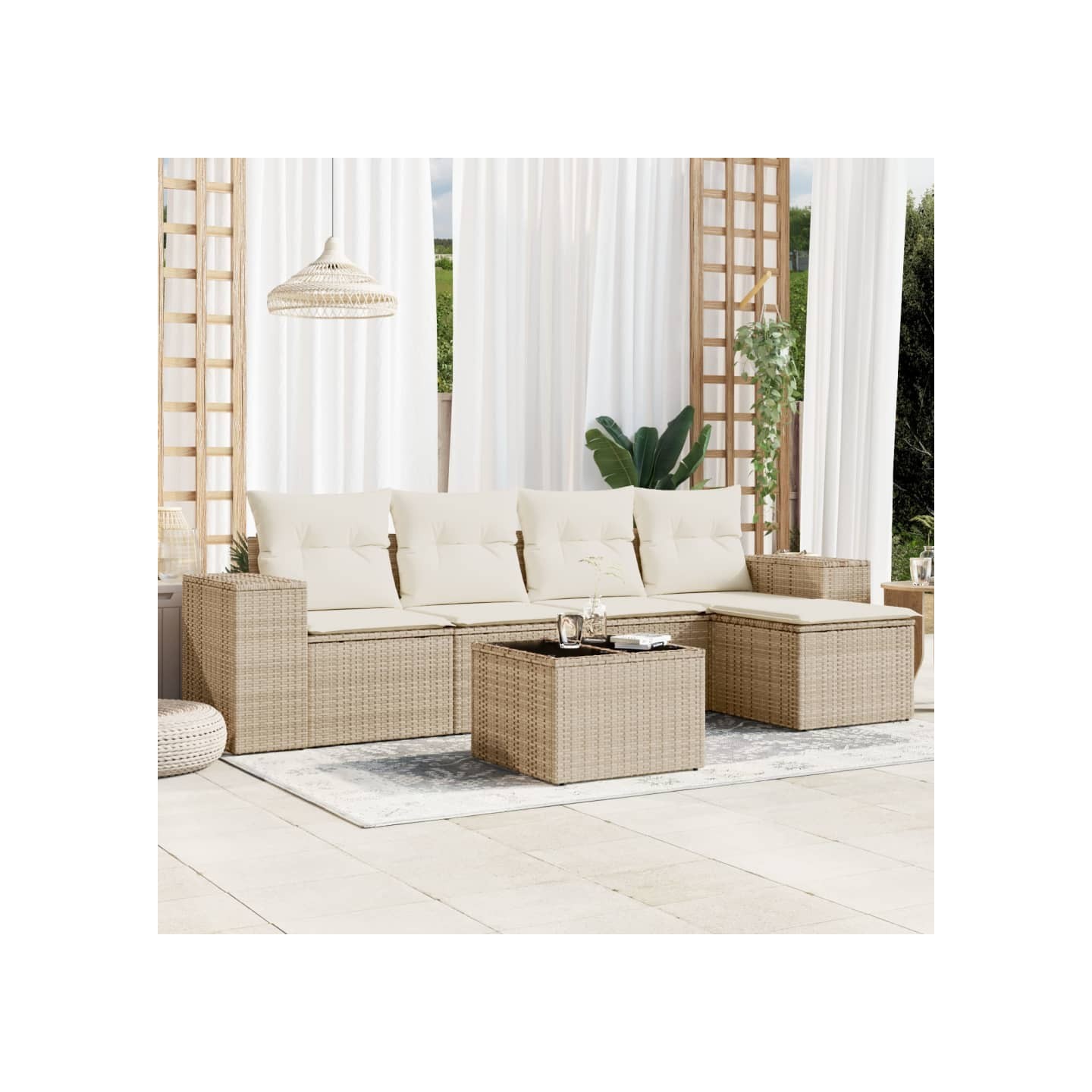 Salon de jardin avec coussins 6 pcs beige résine tressée