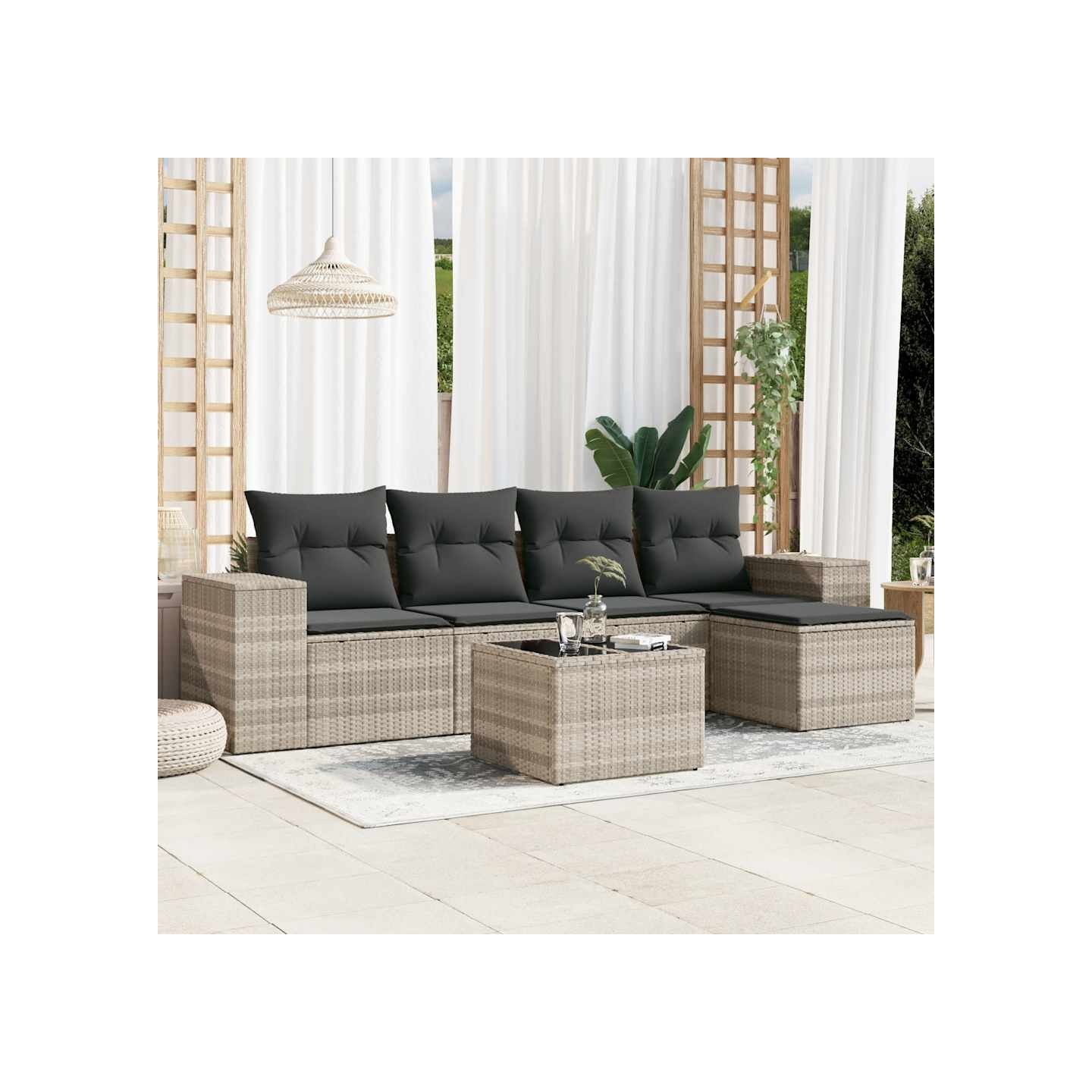 Salon de jardin 6 pcs avec coussins gris clair résine tressée