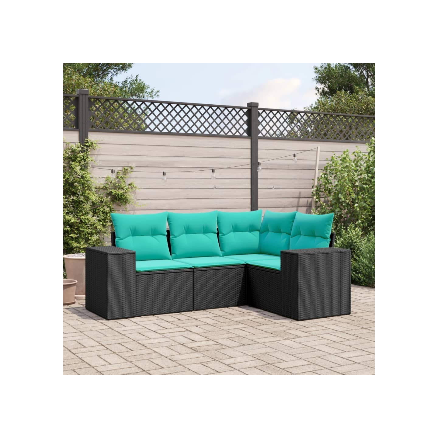 Salon de jardin 4 pcs avec coussins noir résine tressée