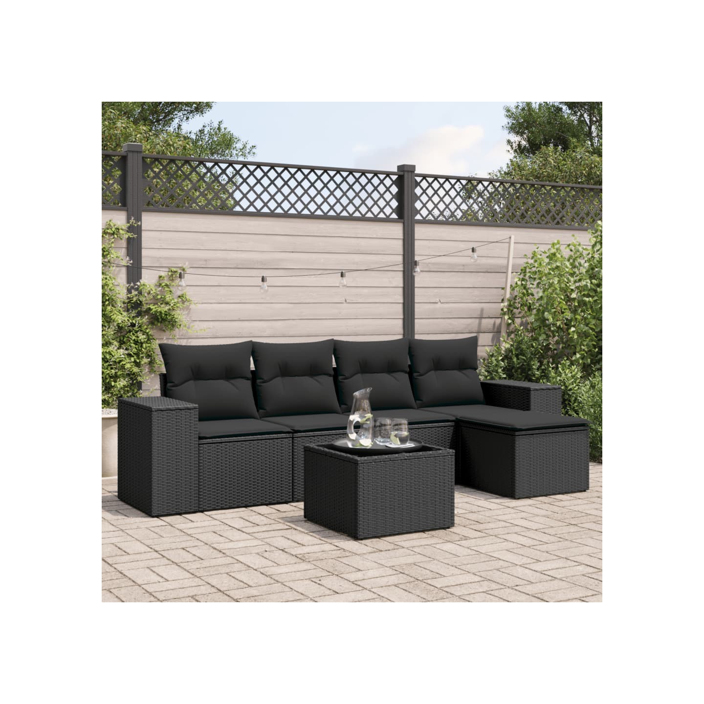 Salon de jardin 6 pcs avec coussins noir résine tressée