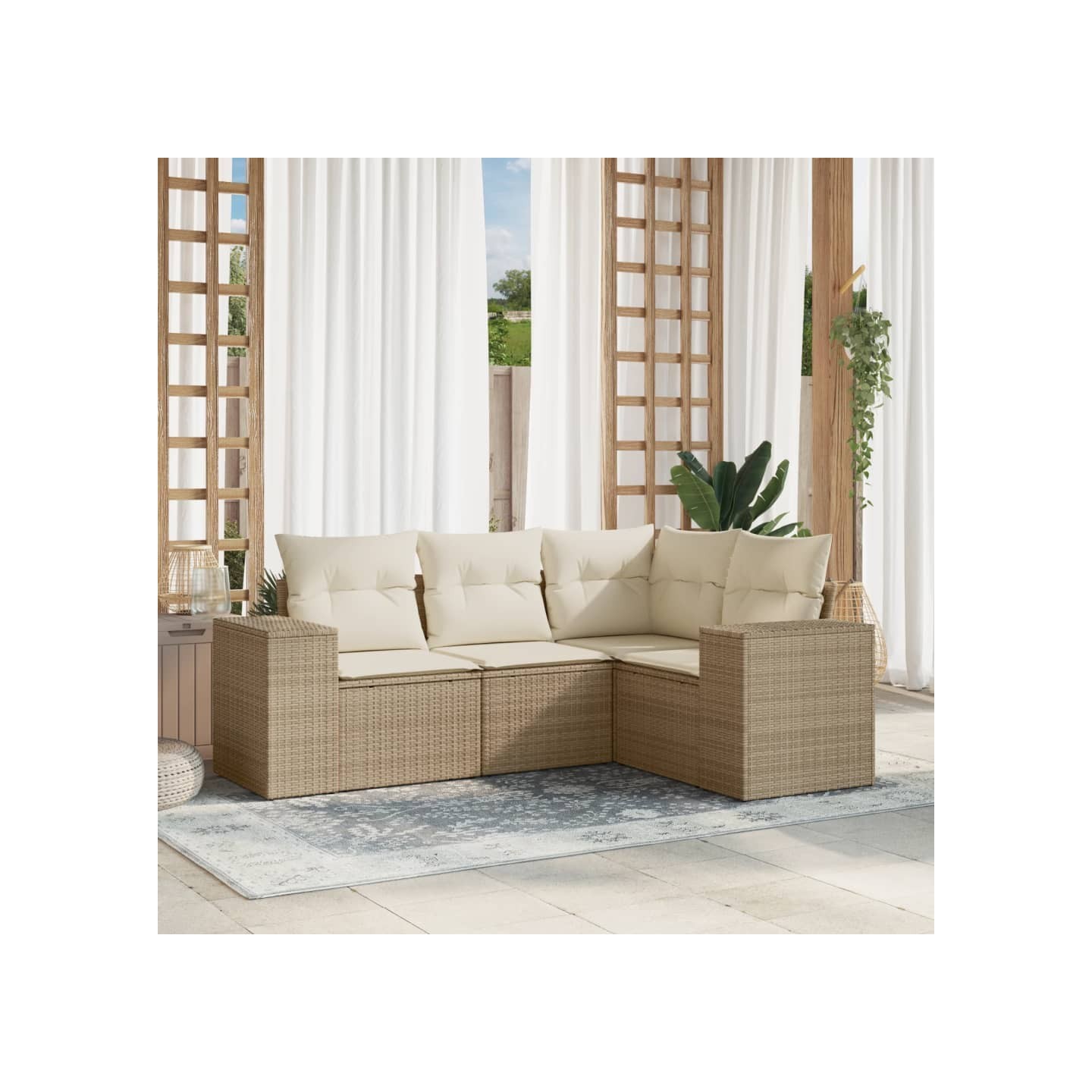Salon de jardin avec coussins 4 pcs beige résine tressée