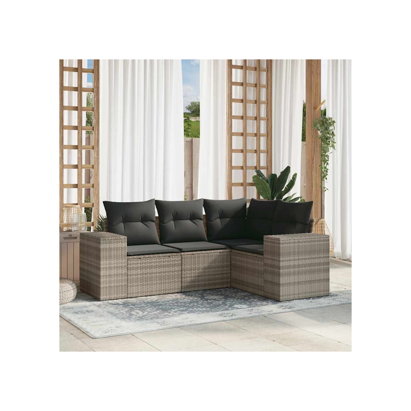 Salon de jardin 4 pcs avec coussins gris clair résine tressée