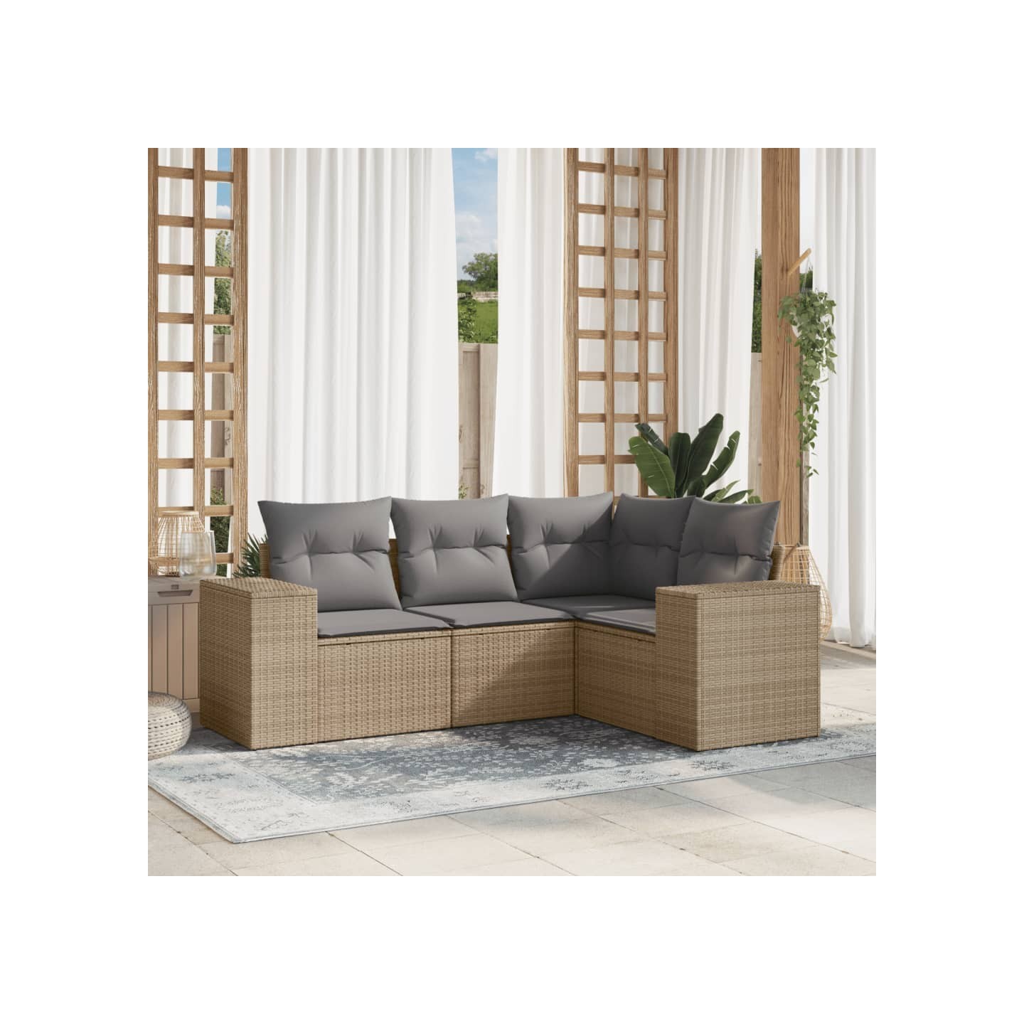 Salon de jardin avec coussins 4 pcs beige résine tressée