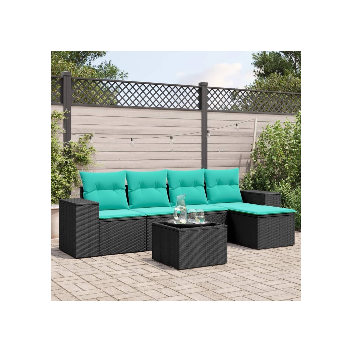 Ensemble de canapé de jardin 6 pcs avec coussins noir résine tressée
