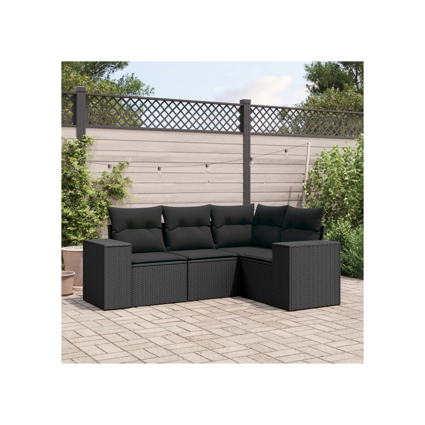 Salon de jardin 4 pcs avec coussins noir résine tressée