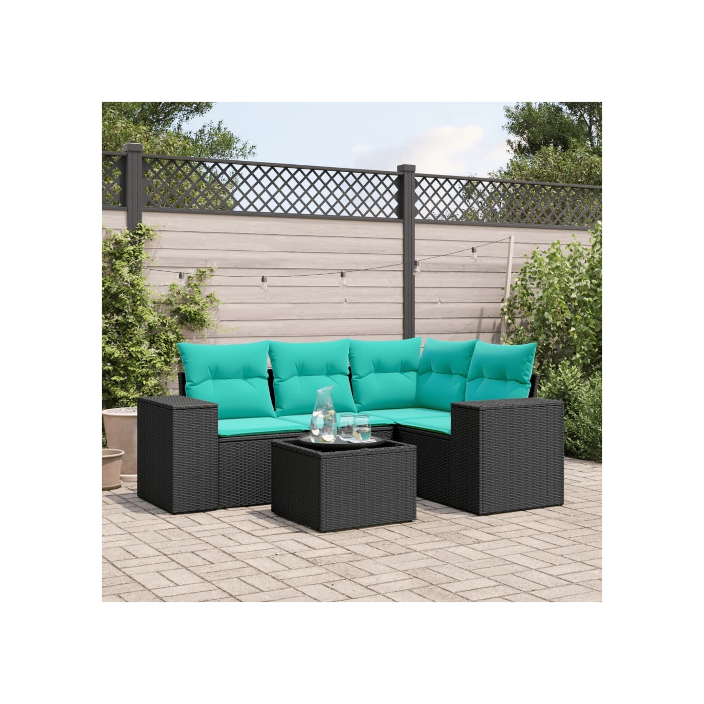 Ensemble de canapé de jardin 5 pcs avec coussins noir résine tressée