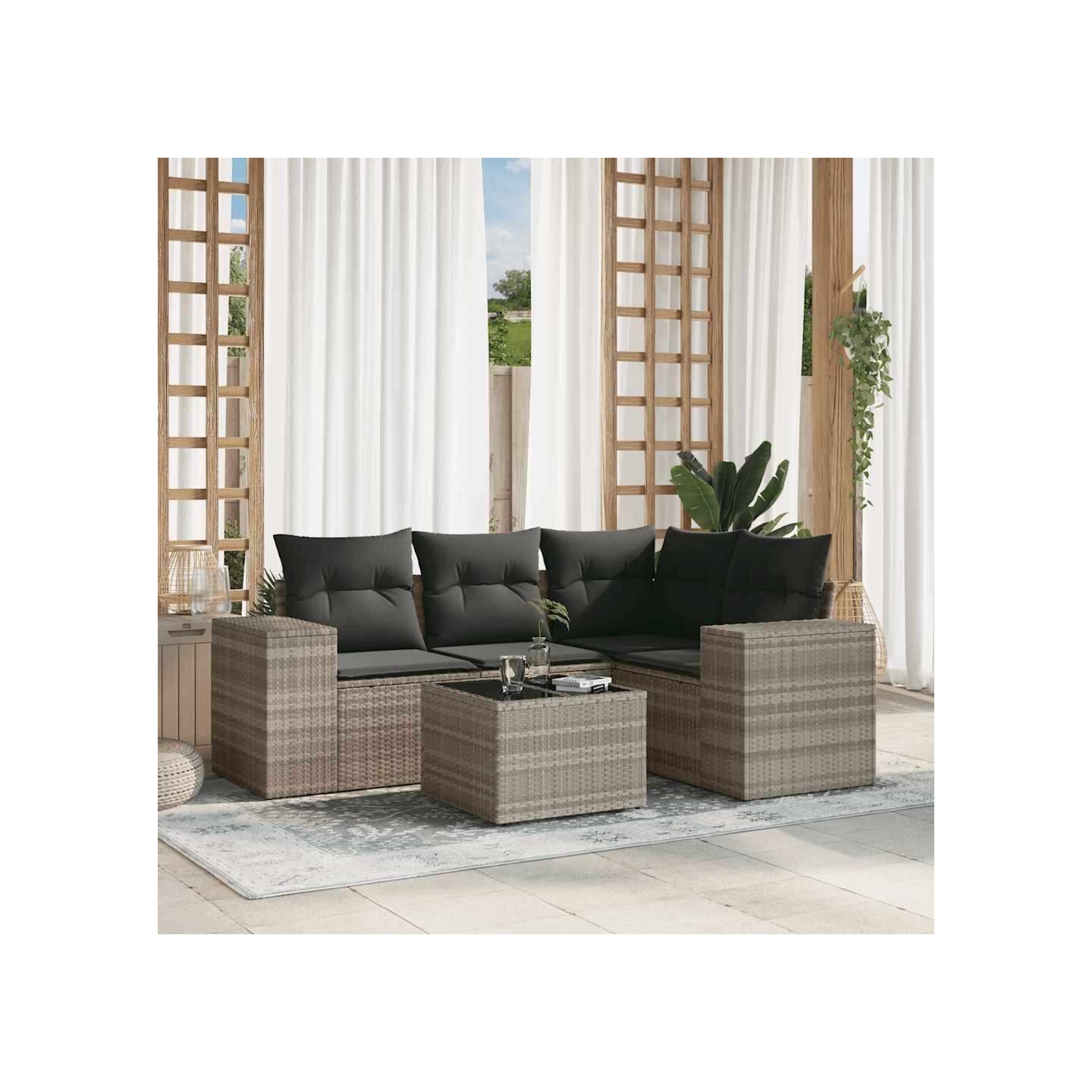 Salon de jardin 5 pcs avec coussins gris clair résine tressée