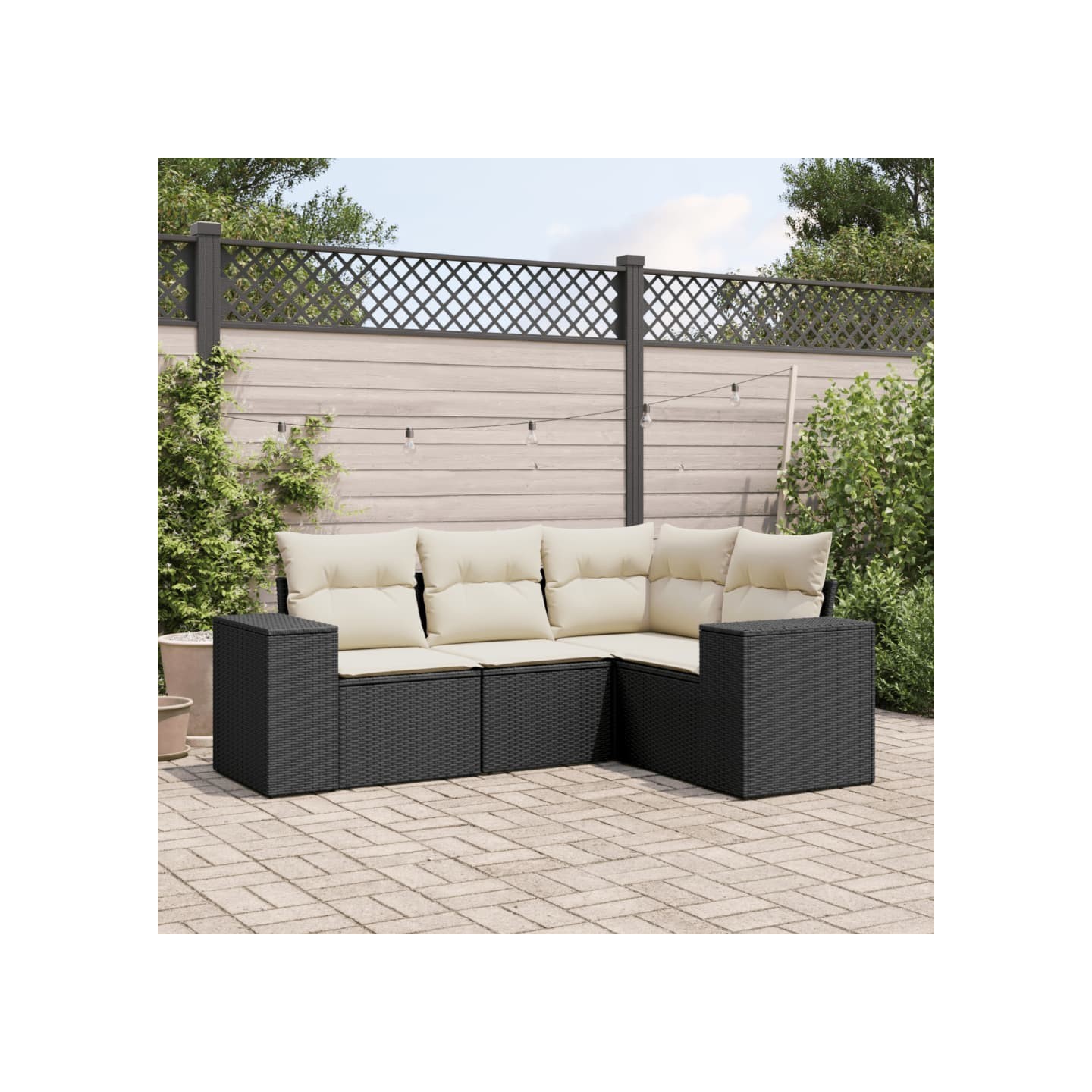 Salon de jardin 4 pcs avec coussins noir résine tressée