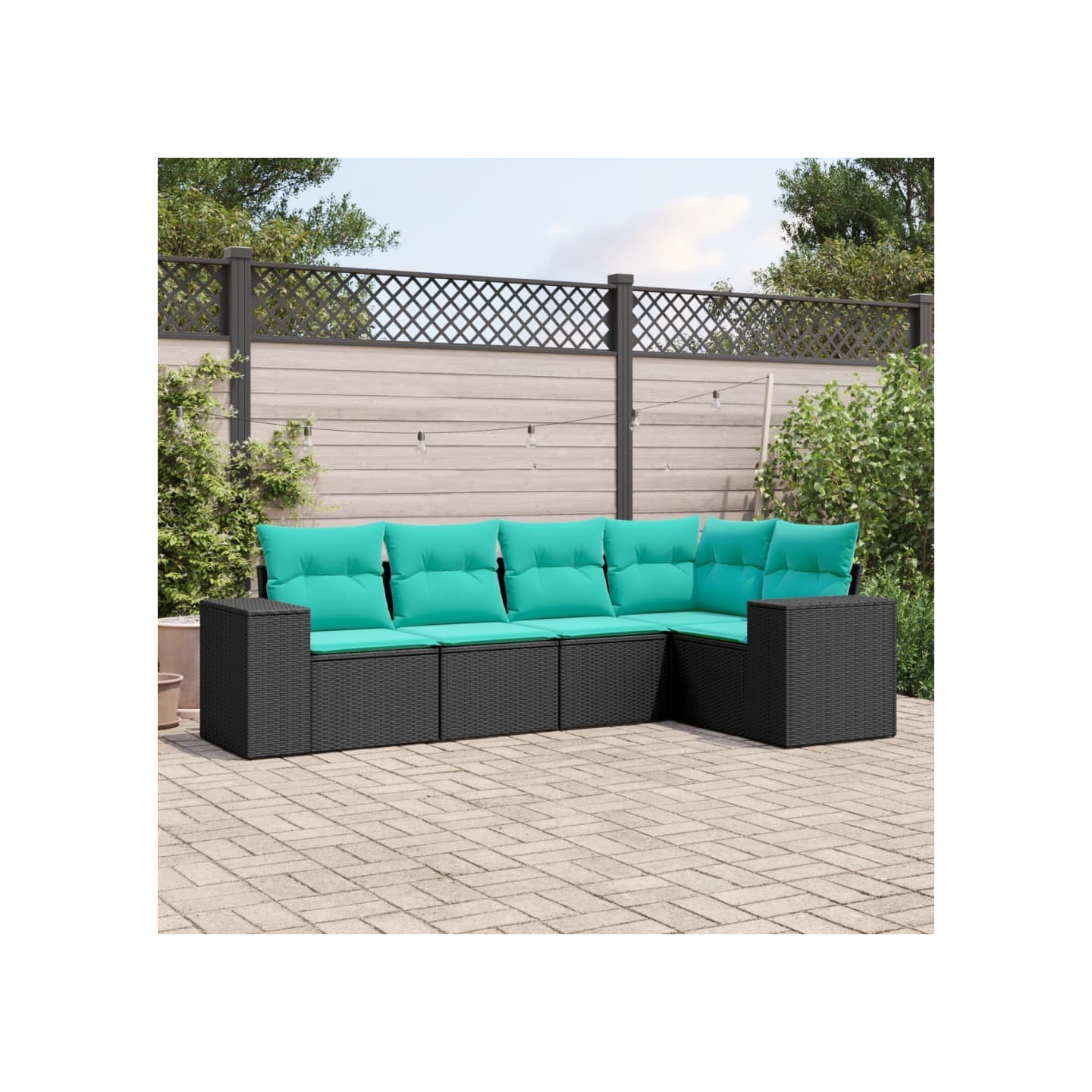 Salon de jardin 5 pcs avec coussins noir résine tressée