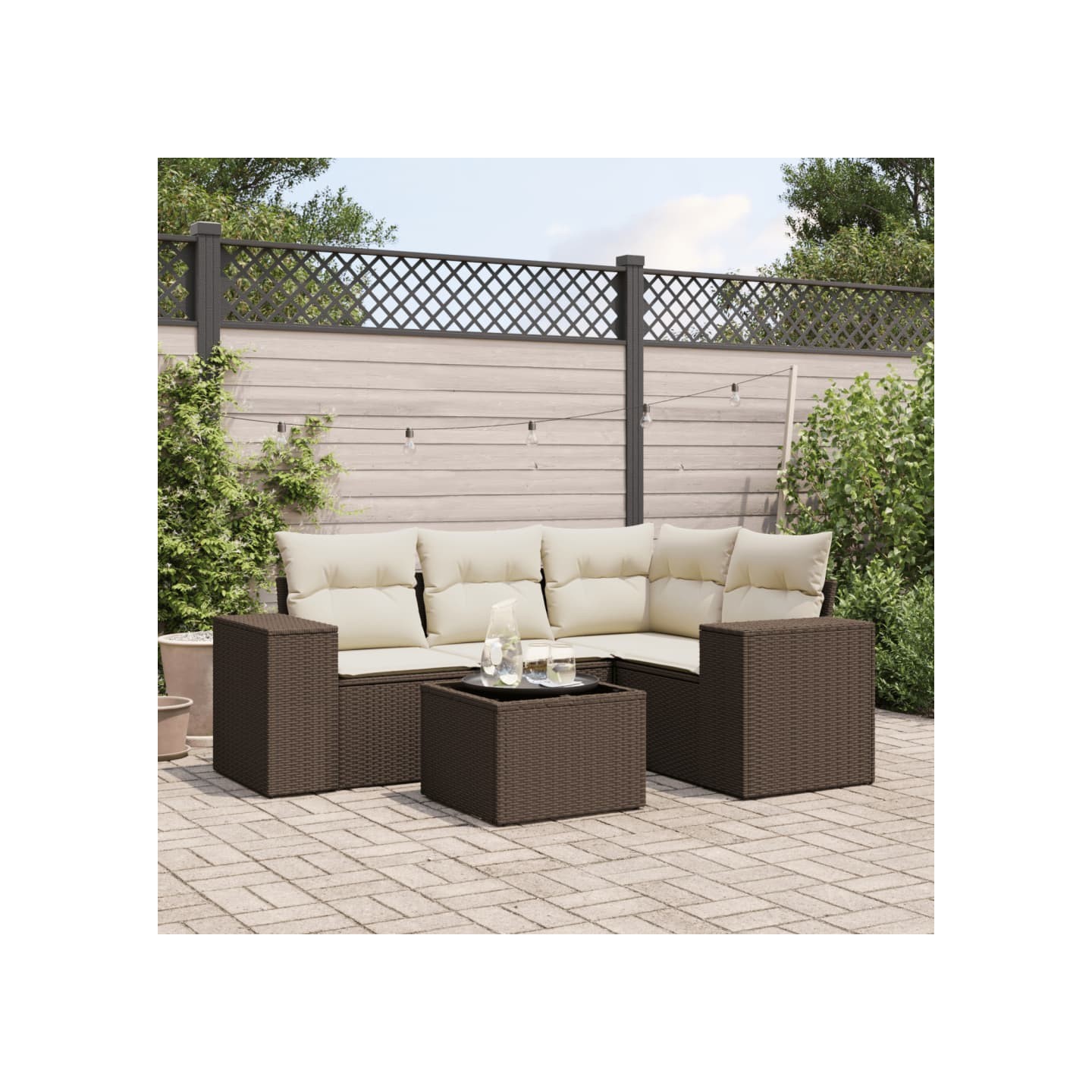 Salon de jardin avec coussins 5 pcs marron résine tressée