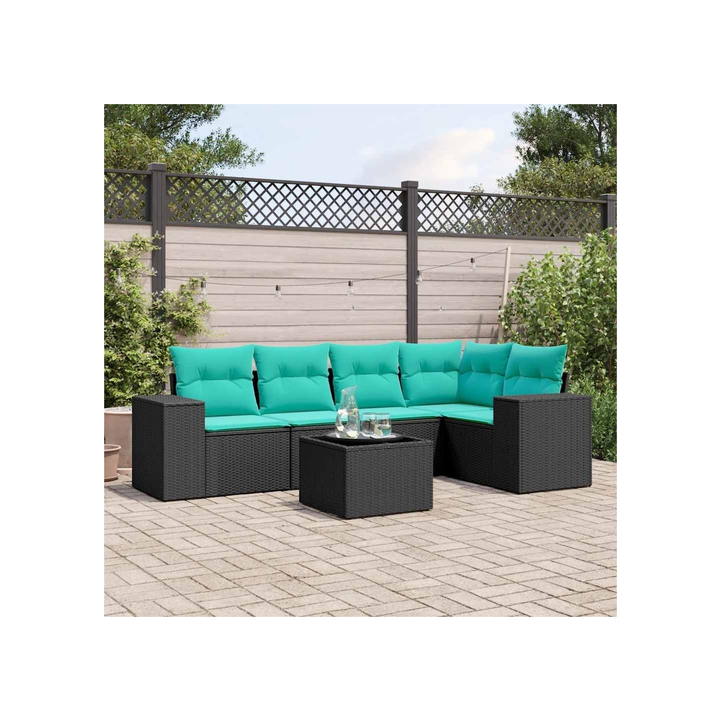 Ensemble de canapé de jardin 6 pcs avec coussins noir résine tressée