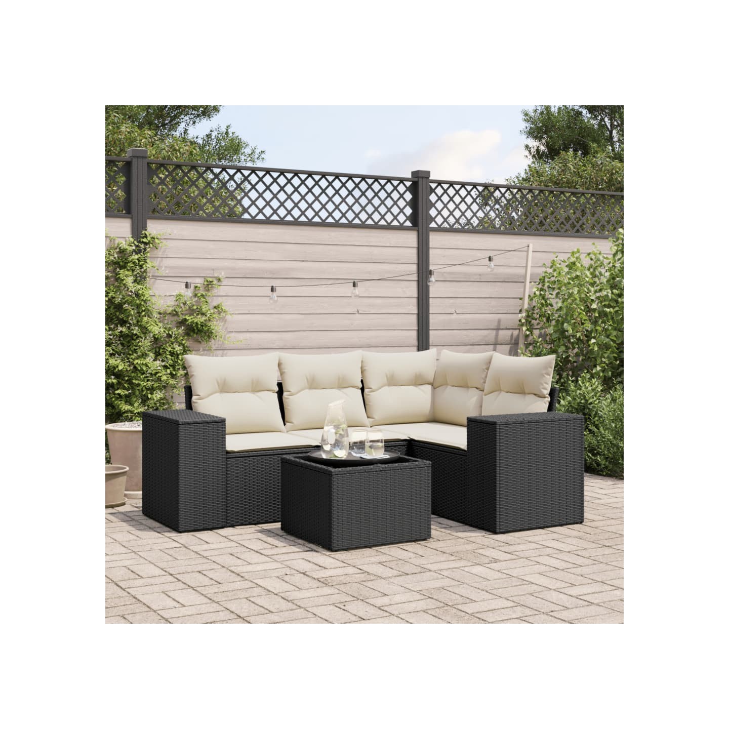Salon de jardin 5 pcs avec coussins noir résine tressée