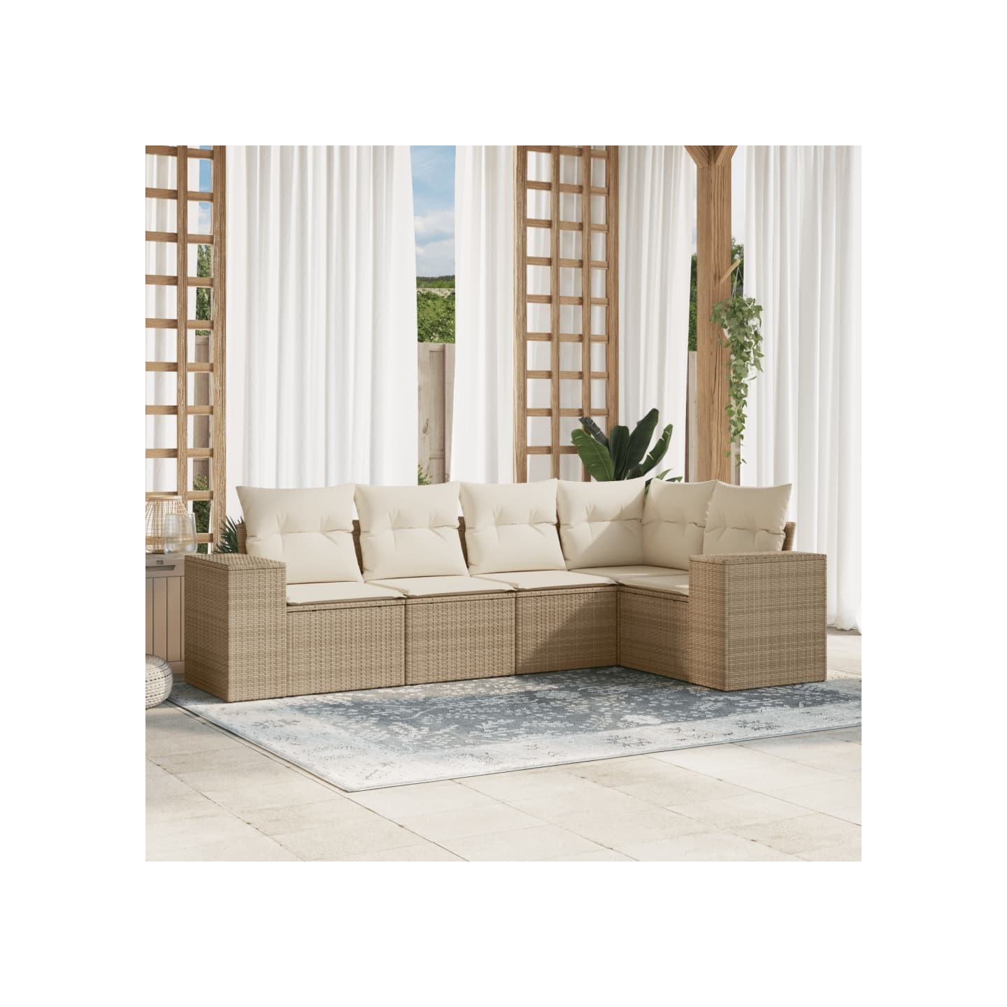 Salon de jardin avec coussins 5 pcs beige résine tressée