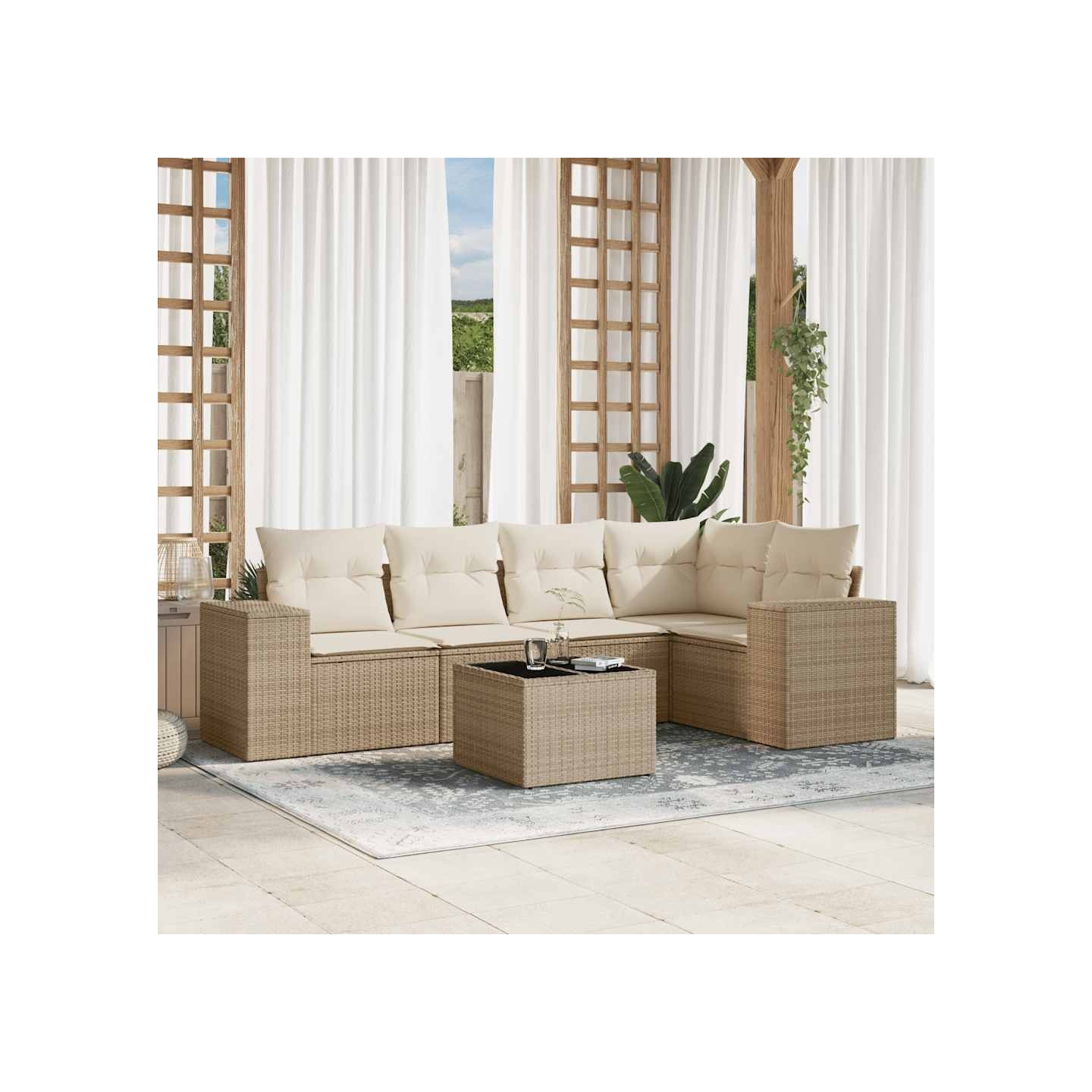 Salon de jardin avec coussins 6 pcs beige résine tressée