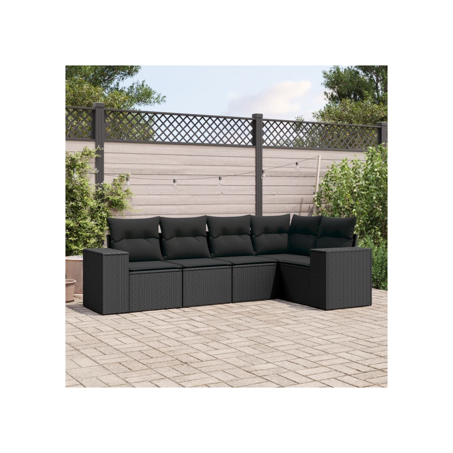 Salon de jardin 5 pcs avec coussins noir résine tressée